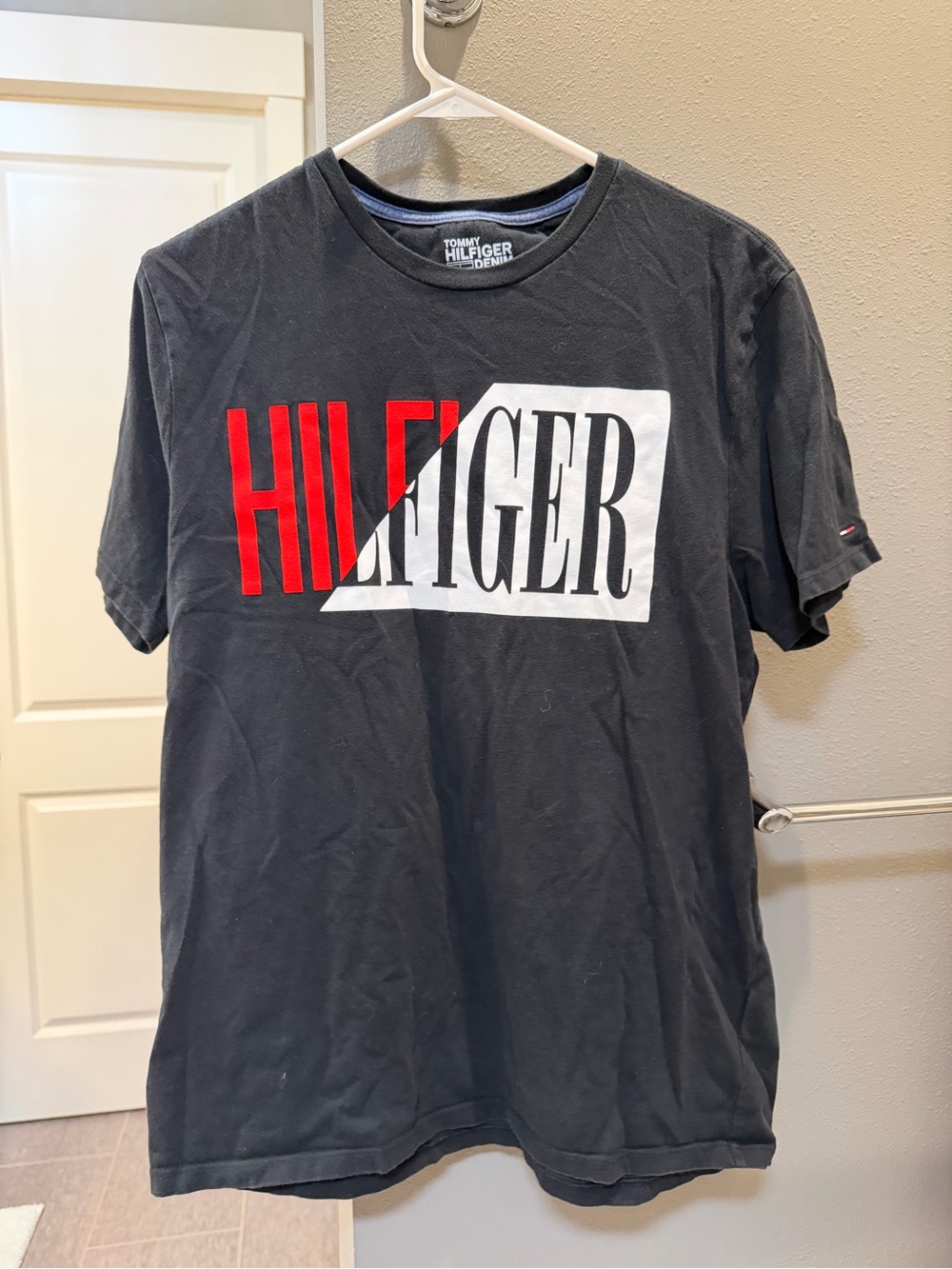 Tommy Hilfiger Black Short-Sleeve Tee with Red & White Logo